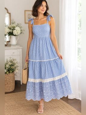 NWT | Shabby Chic Light Blue Tie-Shoulder Maxi Dress with Lace Bands